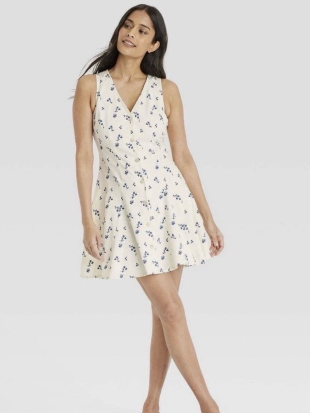 Sleeveless V-Neck Cream and Navy Floral Summer Dress Breast-Feeding Friendly